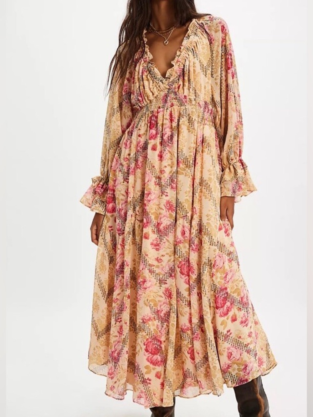 Free People Boho Floral Ruffle Maxi Dress in Cream and Pink Sz M